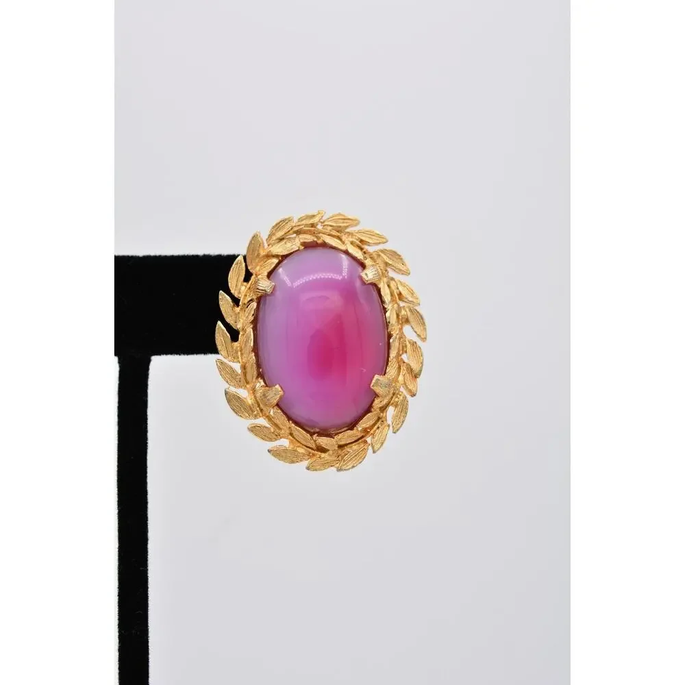 Judy Lee Vintage Cabochon Clip On Earrings Pink Gold Chunky Signed 1980s BinAZ